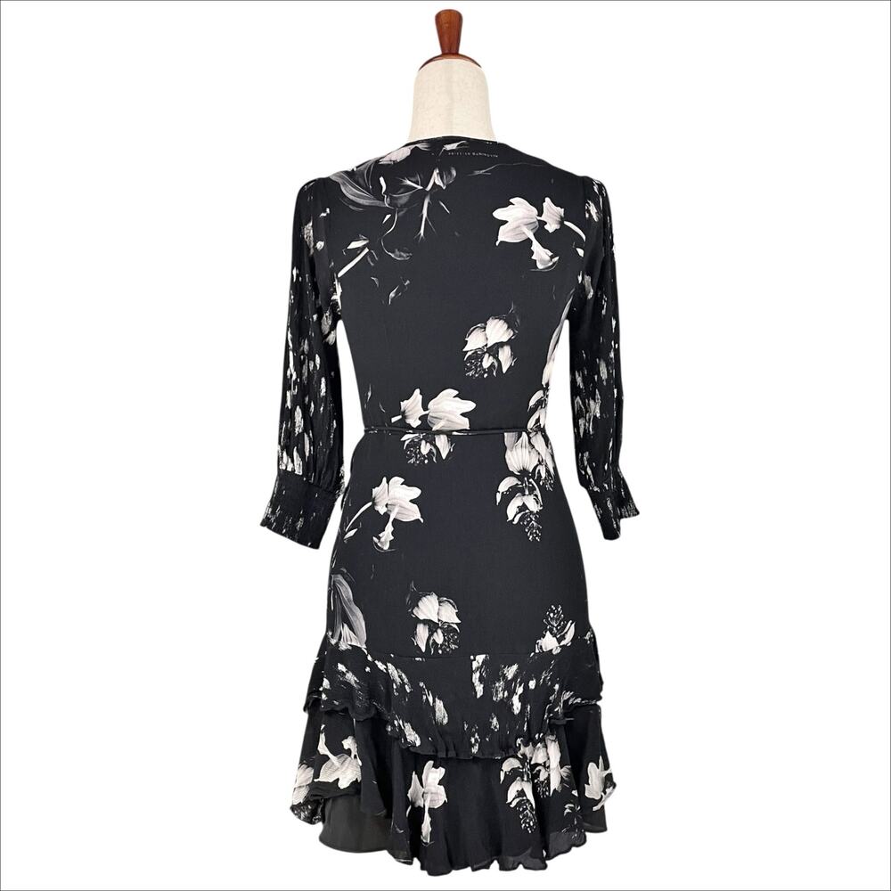 ALLSAINTS Ari Pauline Black Floral True-Wrap Ruffle Dress Size 4 Whimsigoth Emo - Picture 7 of 11